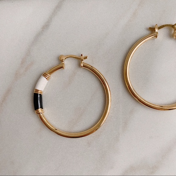 Black White Enamel Tube Hoops | 18k Gold Filled - Picture 4 of 6